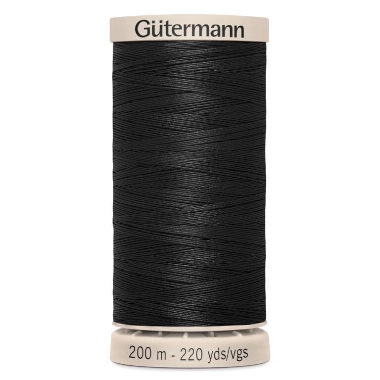 Black spool of Gütermann sewing thread, 200 meters (220 yards).