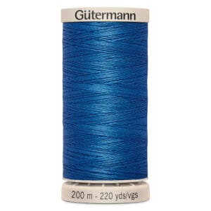 A spool of Gütermann blue thread, labeled for 200 meters or 220 yards of length.