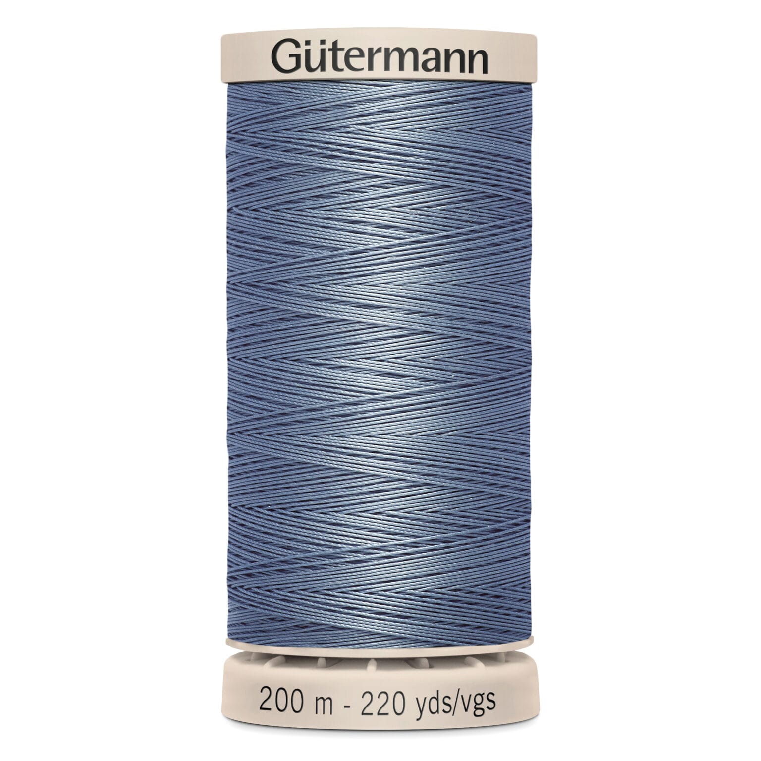 A spool of Gütermann thread in a shade of blue, wrapped neatly around the spool. The text at the base reads "200 m - 220 yds/vgs.