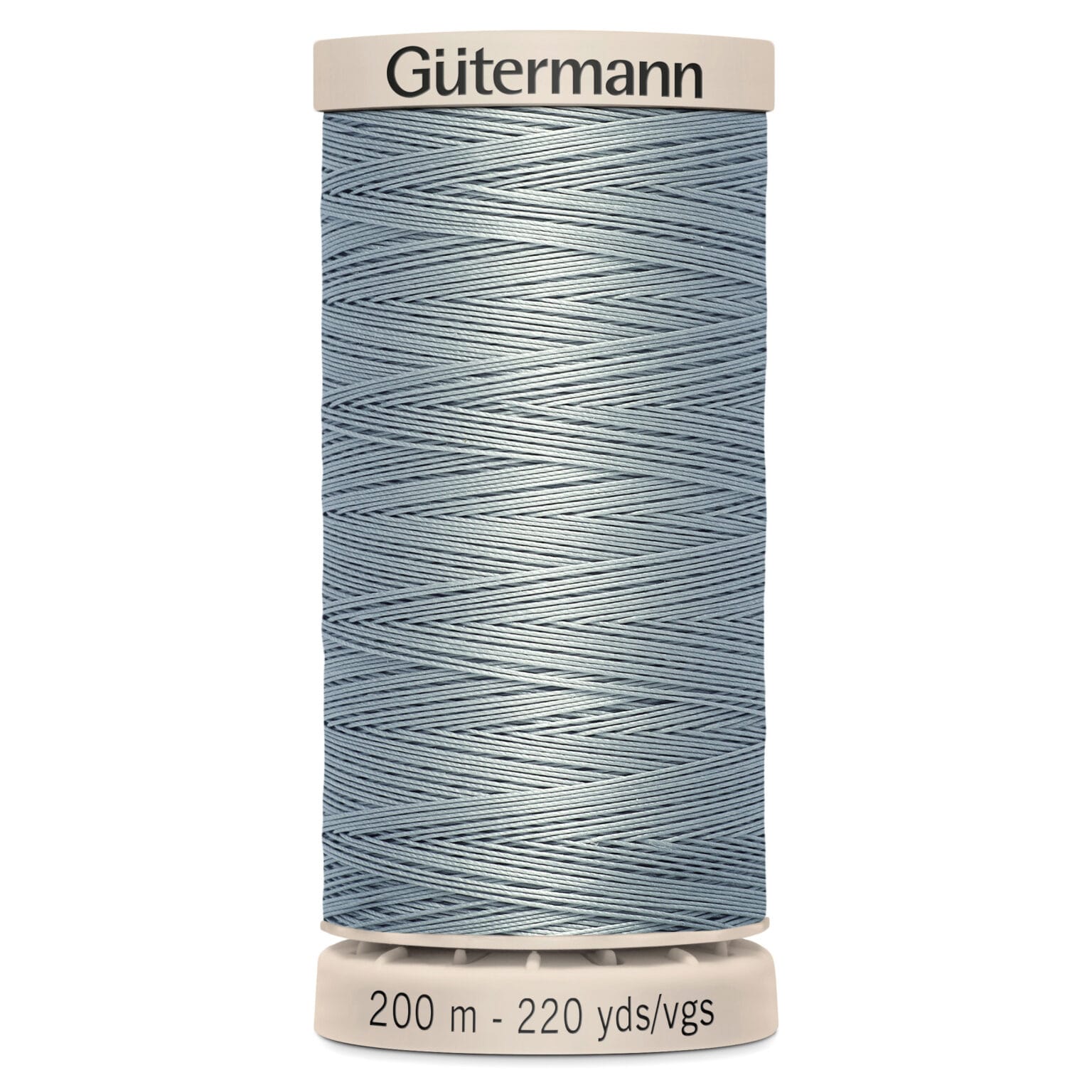 A spool of Gütermann sewing thread, pale blue in color, labeled with a length of 200 meters or 220 yards. The spool is set against a plain white background.