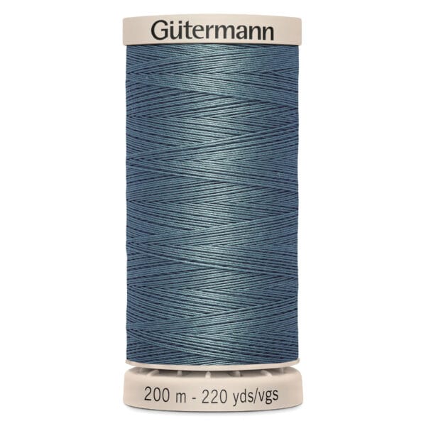 A spool of Gütermann sewing thread in teal, 200 meters or 220 yards. The spool has a beige top and base with the brand and length information printed on them.