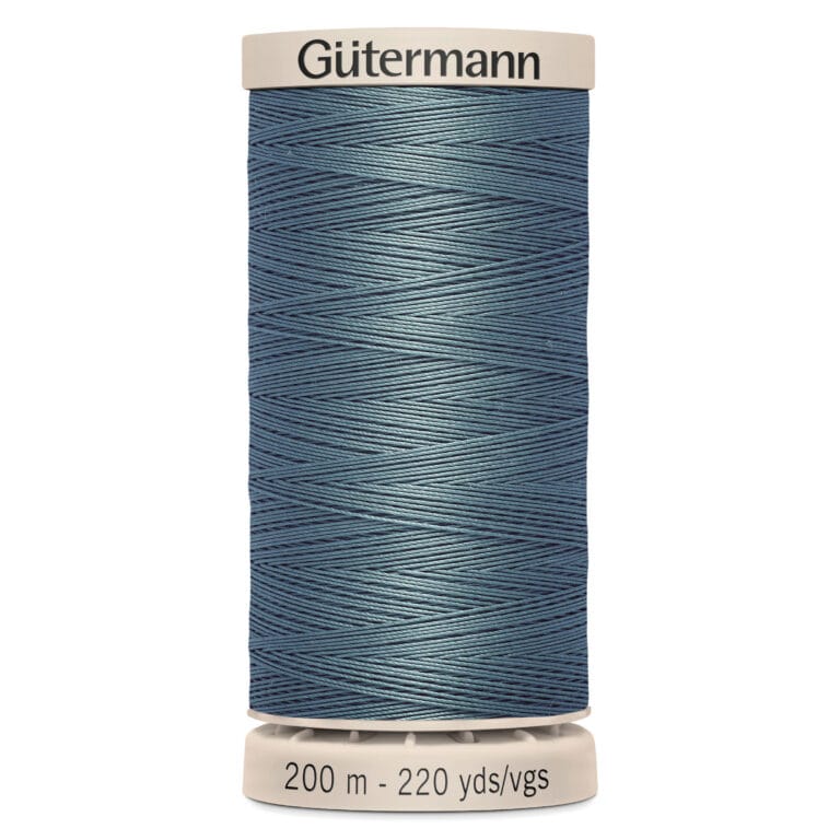 A spool of Gütermann sewing thread in teal, 200 meters or 220 yards. The spool has a beige top and base with the brand and length information printed on them.