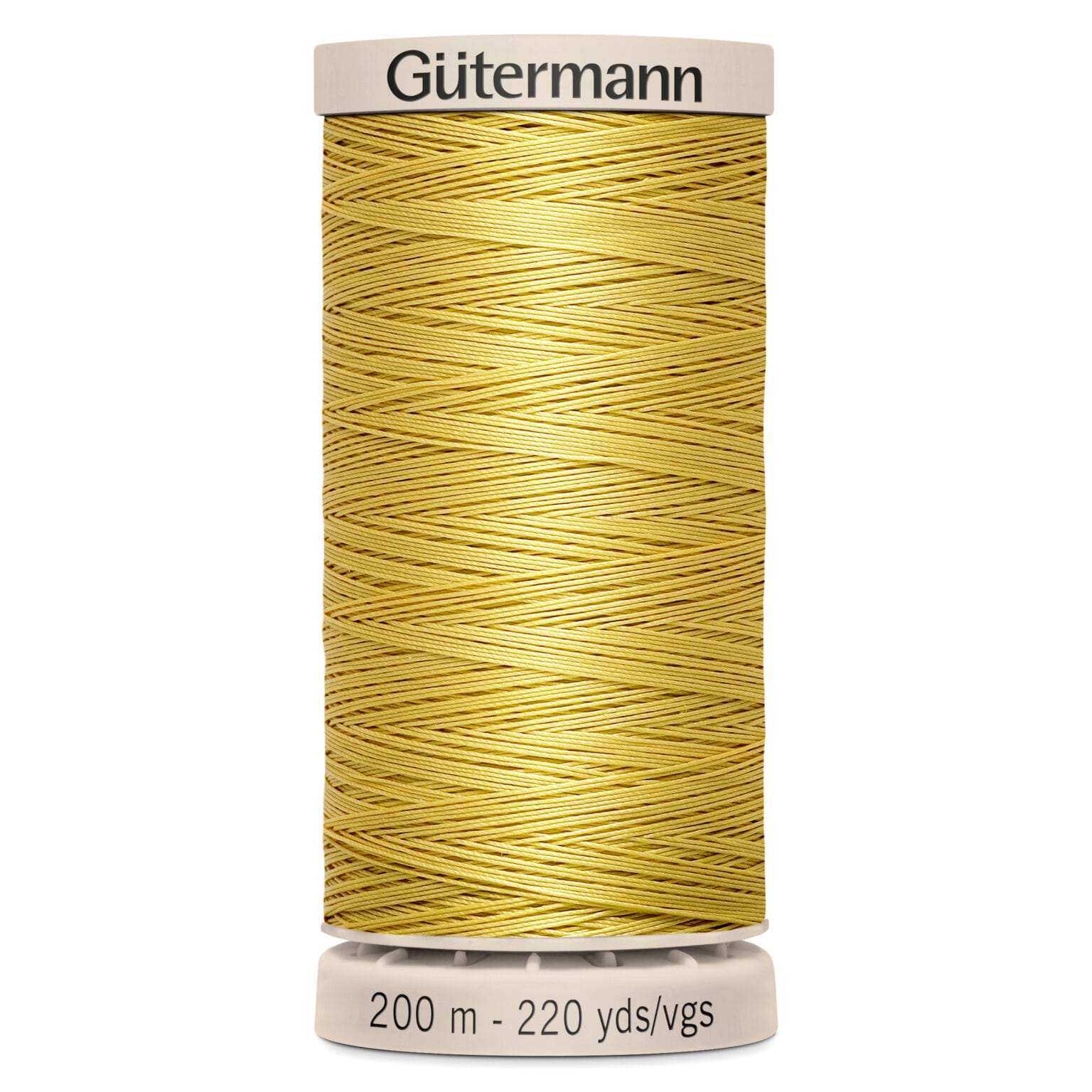 A spool of Gütermann polyester thread in a golden yellow color, with a label indicating it's 200 meters and 220 yards long. The spool is vertically positioned, with a beige base and top.