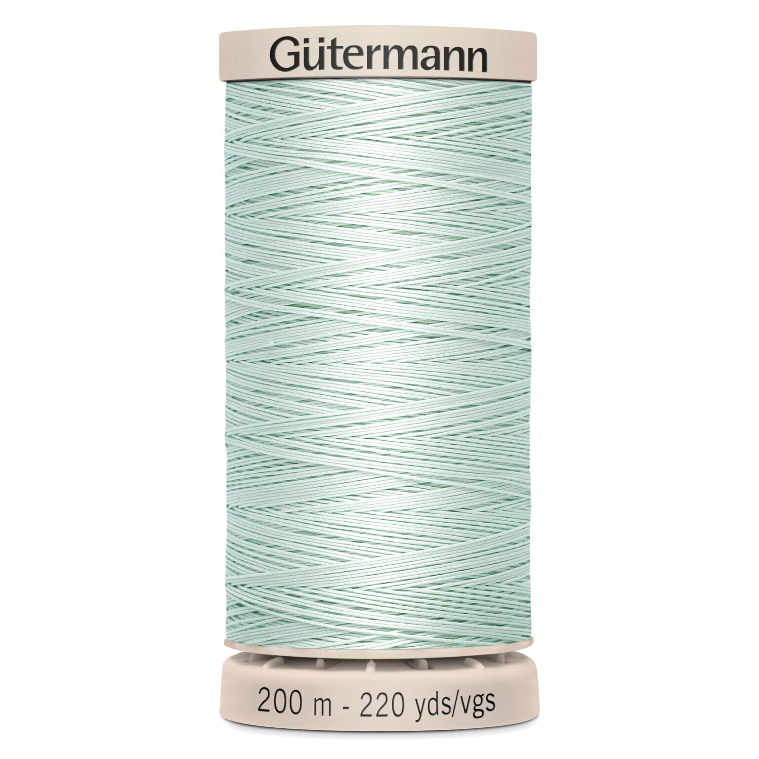 A spool of Gütermann sewing thread, pale green in color, wrapped neatly around the spool. The top and bottom of the spool are beige, labeled with "Gütermann" and "200 m - 220 yds/vgs.