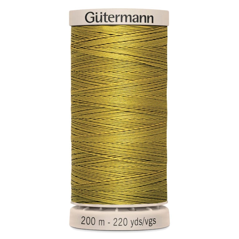 Spool of Gütermann thread with 200 meters/220 yards of golden-yellow thread. The spool is beige and labeled at the top and bottom.