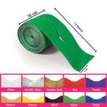 A 7.5m x 10cm green corrugated border trim roll for school displays is available. Other color samples include white, metallic silver and gold, red, purple, natural, canary, black, apple green, and royal blue.