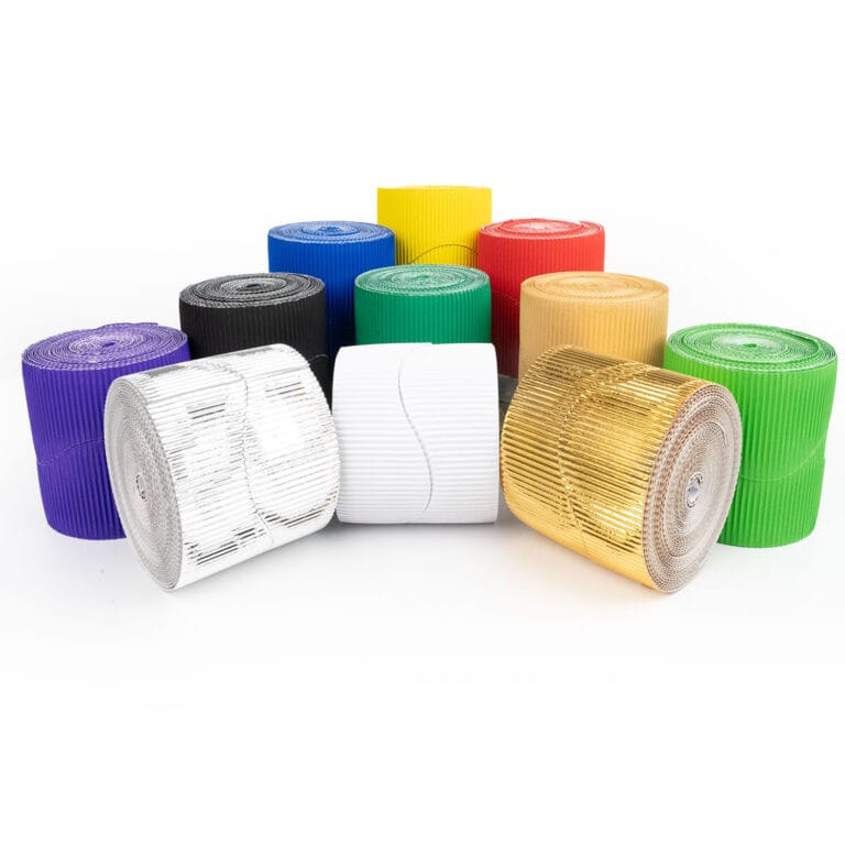 Assorted Border Rolls in vibrant colors—purple, black, blue, silver, white, yellow, red, green, gold, and orange—are artistically arranged in a semi-circle against a white background.