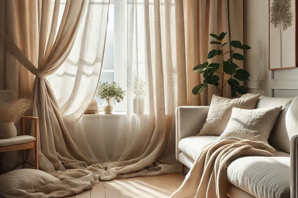 A cozy living room with sunlight filtering through sheer beige curtains. A white sofa adorned with cushions and a beige throw sits against the wall. Nearby, potted plants and a floor cushion enhance the serene, inviting atmosphere.