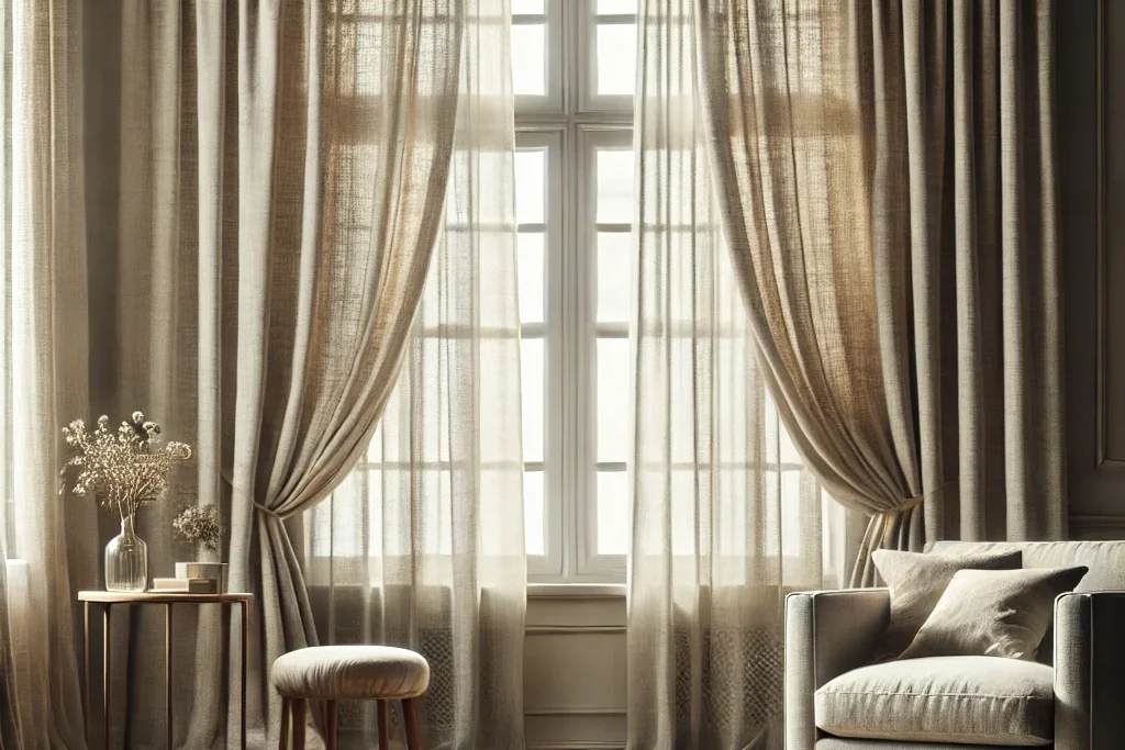 A cozy room features sheer beige curtains softly draped over large windows, letting sunlight illuminate a small table with dried flowers, a round stool, and an armchair on a wooden floor.
