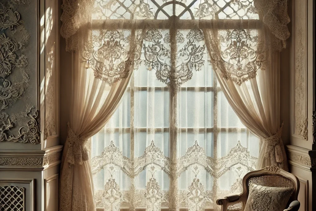 A vintage room with ornate lace curtains draping over an arched window, casting intricate shadows on the floor. A decorative chair with a cushion sits in the corner, surrounded by detailed wall molding. The curtain filters the sunlight, softly illuminating the scene.