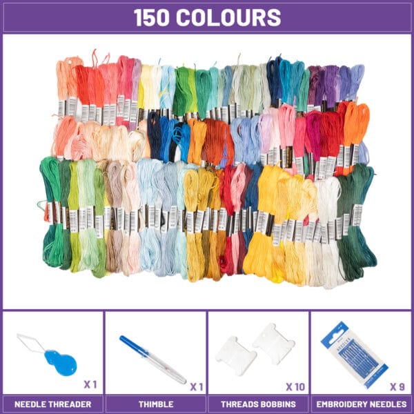 A collection of 150 colorful embroidery threads arranged on a white background. Below are images of a needle threader, thimble, 10 thread bobbins, and 9 embroidery needles, each labeled with quantities.