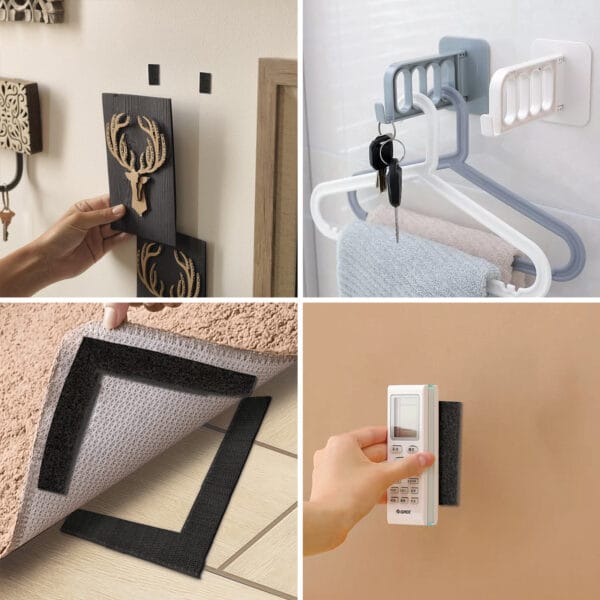 Four images showing uses of adhesive strips: mounting decor, hanging towels and keys, securing a rug, and mounting a remote holder.