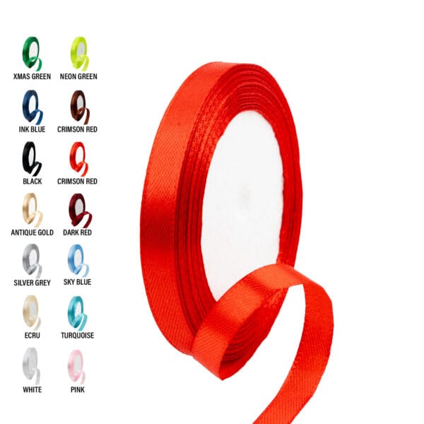 A red ribbon roll with a loose strip extends out. To the left are swatches of 14 ribbon colors labeled: Xmas Green, Neon Green, Ink Blue, Crimson Red, Black, Antique Gold, Dark Red, Silver Grey, Sky Blue, Ecru, Turquoise, White, and Pink.