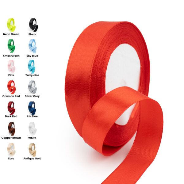 A large roll of bright red ribbon is prominently displayed. To the left, there are small swatches of 14 different ribbon colors, each labeled with its corresponding name, including black, neon green, pink, silver grey, and more.