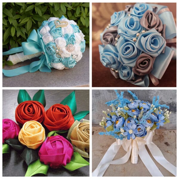 A collage of four colorful artificial bridal bouquets. Top left: teal and ivory roses. Top right: blue and gray roses. Bottom left: multicolored roses. Bottom right: blue flowers with white accents, all tied with ribbons.