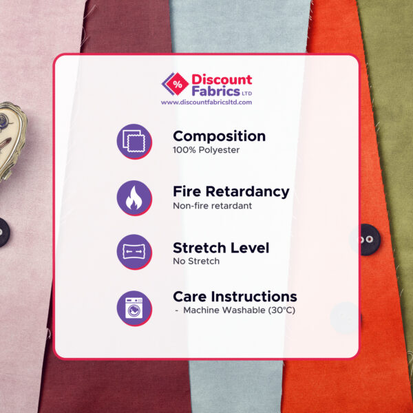 A Discount Fabrics info card lists fabric details: 100% polyester composition, non-fire retardant, no stretch, machine washable at 30°C. Background shows colorful fabric swatches and black buttons.
