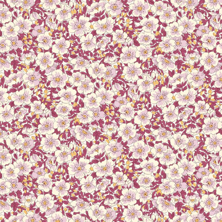 A dense pattern of pink and white cherry blossoms with yellow centers and green leaves against a maroon background. The blossoms are evenly distributed, creating a vibrant and intricate floral design.