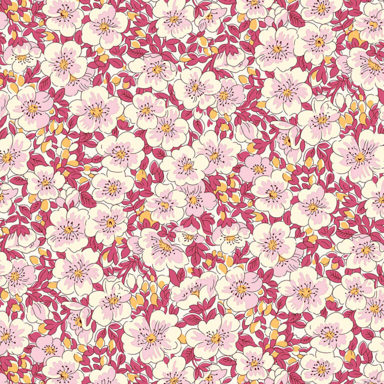 A seamless floral pattern with pink and white blossoms and pink leaves on a light pink background, creating a dense and intricate design with a vintage feel.
