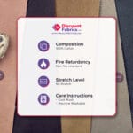 A fabric information card from Discount Fabrics LTD is surrounded by different colored fabric swatches. The card details composition (100% cotton), fire retardancy (non-fire retardant), stretch level (no stretch), and care instructions (cool wash, machine washable).