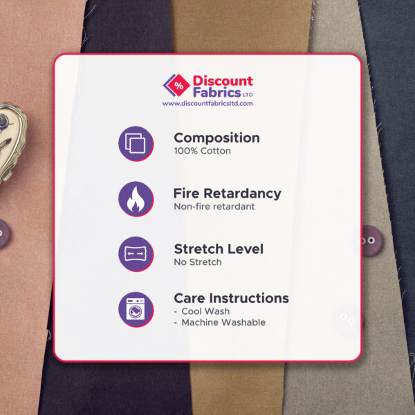 A fabric information card from Discount Fabrics LTD is surrounded by different colored fabric swatches. The card details composition (100% cotton), fire retardancy (non-fire retardant), stretch level (no stretch), and care instructions (cool wash, machine washable).