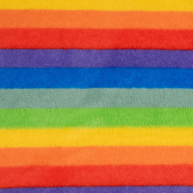 Colorful, fuzzy fabric with horizontal stripes in yellow, orange, red, purple, blue, and green, arranged in a repeating rainbow pattern.