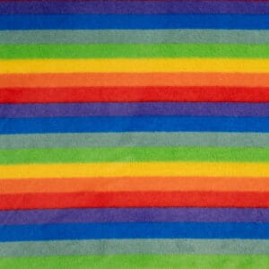 A soft, fuzzy fabric with horizontal rainbow stripes in blue, green, yellow, orange, and red, creating a colorful and vibrant pattern.
