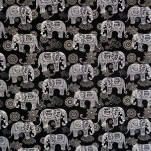 Pattern of intricately decorated white elephants with floral and paisley designs on a black background, surrounded by assorted mandalas and ornamental shapes. The design is repetitive and detailed.