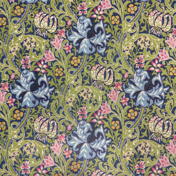 The William Morris | Pimpernel | Tapestry Fabric features a detailed floral pattern with large blue flowers, pink and yellow blossoms, and green leaves on a dark background, offering an intricate, symmetrical design with an elegant vintage appearance.