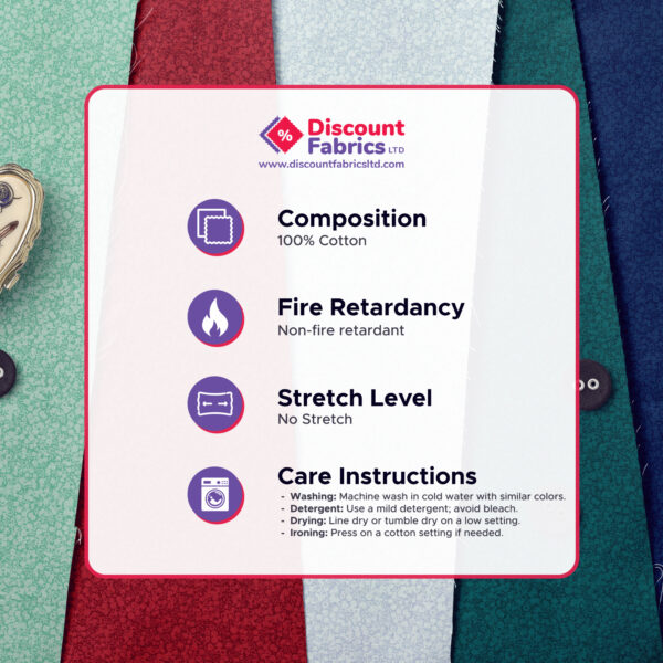An information card from Discount Fabrics Ltd displays fabric details: 100% cotton composition, non-fire retardant, no stretch, and care instructions. Various fabric samples are shown in red, green, blue, and white.