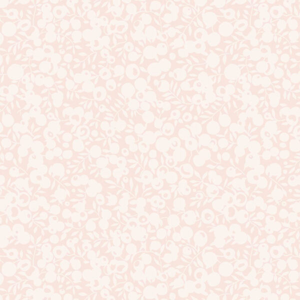 A seamless, light pink and cream floral pattern featuring small flowers, leaves, and berries densely arranged across the entire background.