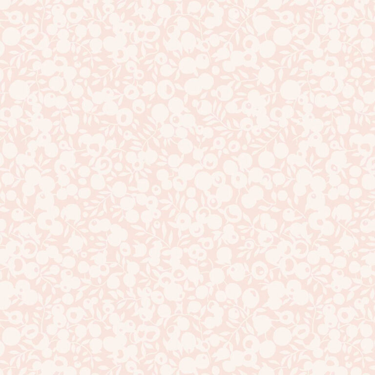A seamless, light pink and cream floral pattern featuring small flowers, leaves, and berries densely arranged across the entire background.