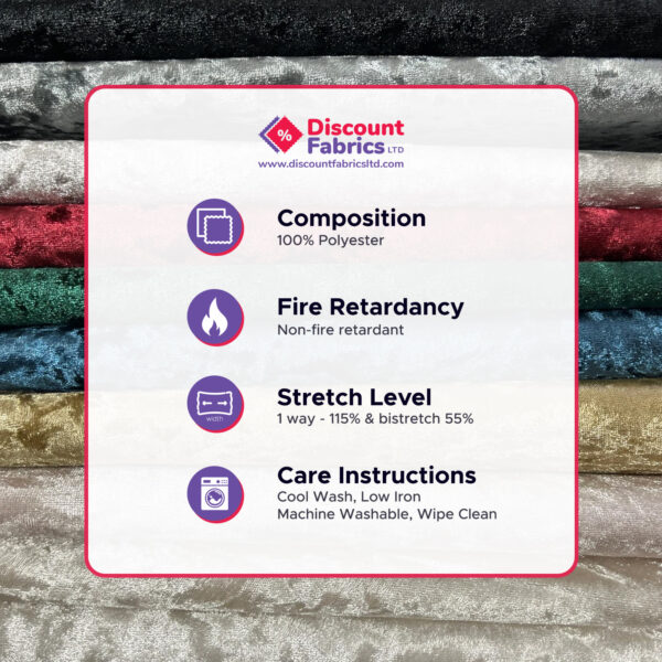 A fabric info sheet from Discount Fabrics LTD is shown over stacked rolls of colorful velvet. Details include 100% polyester, non-fire retardant, 1-way stretch, and care instructions for washing and ironing.
