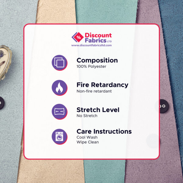 A fabric information card lists: 100% polyester composition, non-fire retardant, no stretch, and care instructions to cool wash and wipe clean. Fabric samples and buttons are visible in the background.