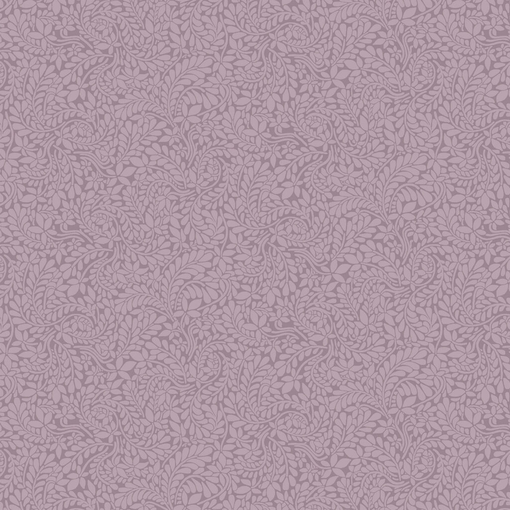 Seamless pattern with intricate, swirling floral and leaf shapes in light and dark lavender tones, creating an elegant, decorative background.