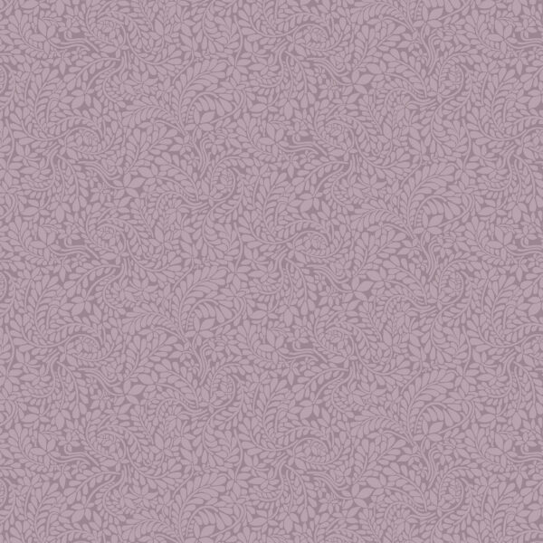 Seamless pattern with intricate, swirling floral and leaf shapes in light and dark lavender tones, creating an elegant, decorative background.