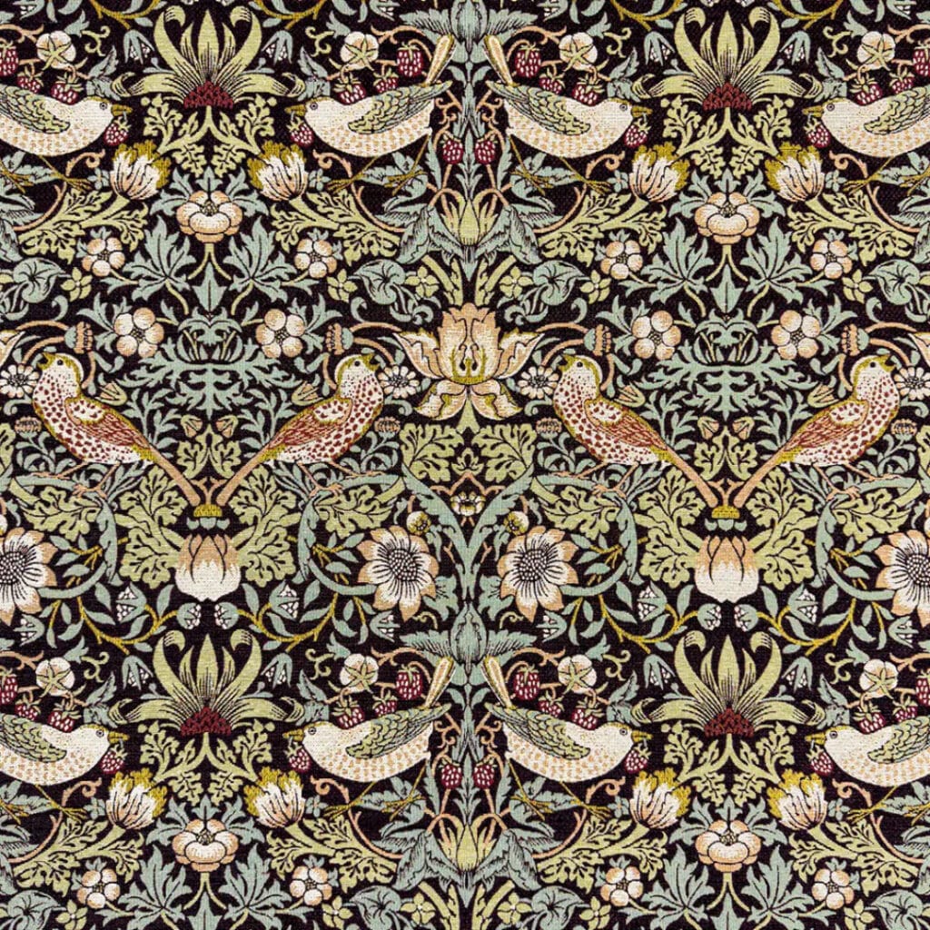 Intricate vintage textile pattern featuring symmetrical birds, flowers, and winding leafy vines in muted shades of gold, green, cream, and brown against a dark background.