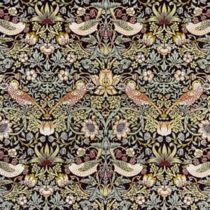 Intricate vintage textile pattern featuring symmetrical birds, flowers, and winding leafy vines in muted shades of gold, green, cream, and brown against a dark background.