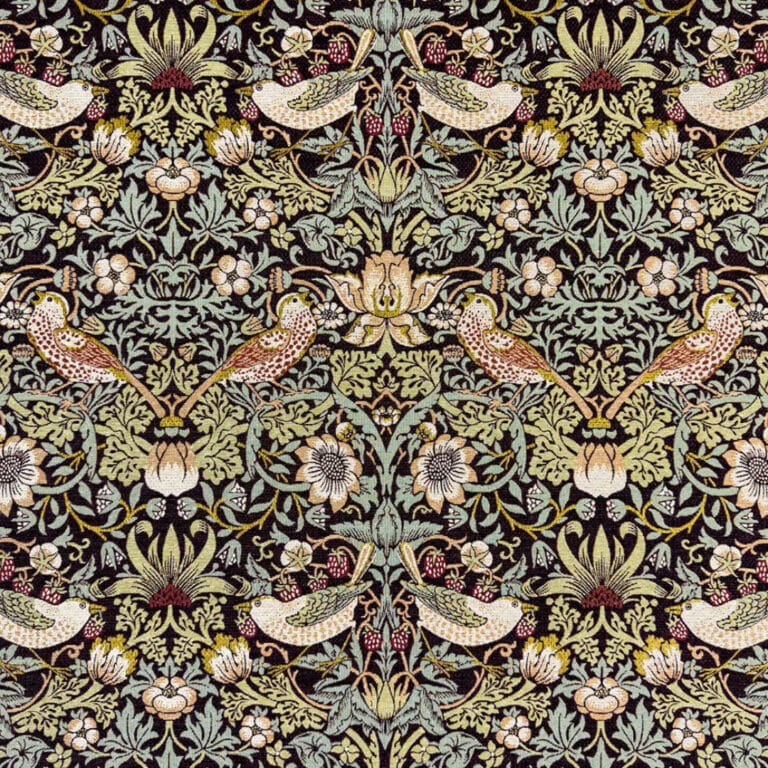 Intricate vintage textile pattern featuring symmetrical birds, flowers, and winding leafy vines in muted shades of gold, green, cream, and brown against a dark background.