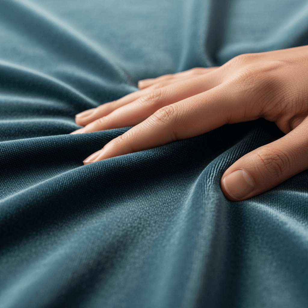A close-up of a hand gently pressing and bunching up soft, blue velvet fabric, creating folds and emphasizing the material’s smooth, plush texture.
