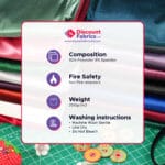 A fabric care guide from Discount Fabrics LTD is shown over stacked colorful fabrics, with text on composition, fire safety, weight, and washing instructions. Sewing supplies like buttons and thread are visible at the bottom.