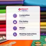 A Discount Fabrics info graphic over fabric stacks lists: 100% cotton composition, not fire retardant, weight 260g/m2, and machine wash at 30 degrees. Scattered buttons and sewing tools appear in the foreground.