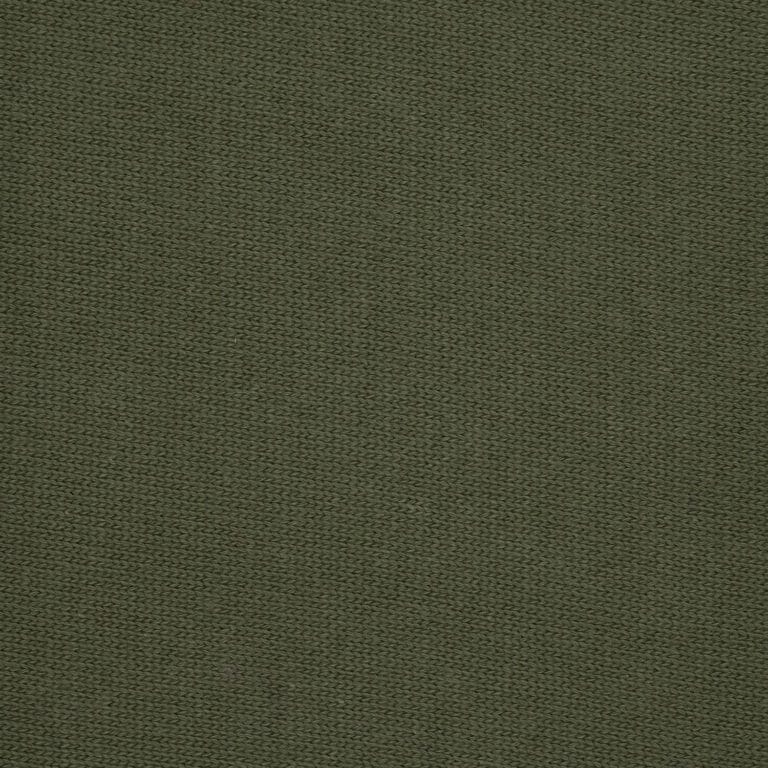 Close-up of olive green fabric with a visible fine, knitted texture, showing even and consistent stitching throughout the material.