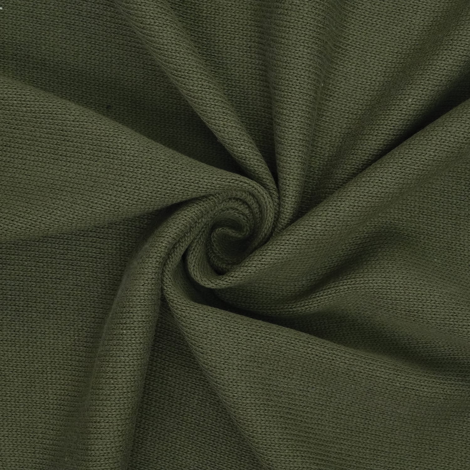 Cotton-Knitted-Prickle-3 Close-up of olive green knitted fabric, arranged in a swirl pattern, showing the texture and weave of the material.