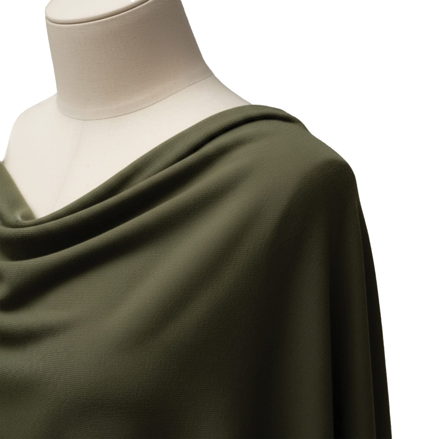 Cotton-Knitted-Prickle-6 A close-up of a mannequin draped in olive green fabric with a soft, flowing texture and a wide neckline, set against a plain white background.