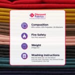 A Discount Fabrics LTD info card over colorful fabric stacks, detailing: Composition (65% cotton, 33% polyester, 2% elastane), fire safety (not fire retardant), weight (270g/m2), and washing instructions.