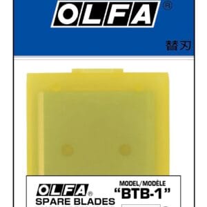 A retail package of OLFA spare blades, model BTB-1, containing three replacement blades in a yellow case. The packaging includes text in multiple languages and features the OLFA logo at the top.