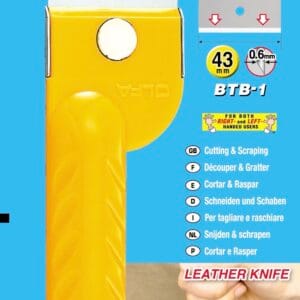 A yellow OLFA BTC-1 scraper tool in its blue packaging, labeled as a razor-sharp scraper for cutting and scraping. Includes icons and text in multiple languages. The bottom shows the tool scraping an orange surface.
