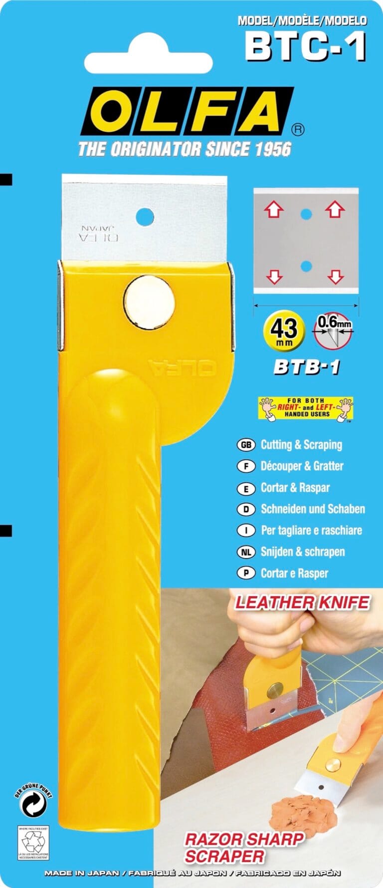 A yellow OLFA BTC-1 scraper tool in its blue packaging, labeled as a razor-sharp scraper for cutting and scraping. Includes icons and text in multiple languages. The bottom shows the tool scraping an orange surface.