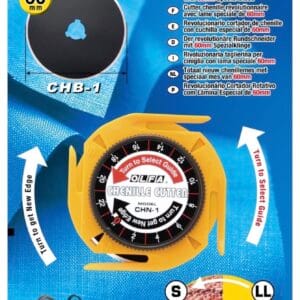 Retail packaging for an OLFA CHN-1 chenille cutter, featuring the cutter with a yellow handle and a black blade, product details, images of craft projects, and text highlighting features and uses.