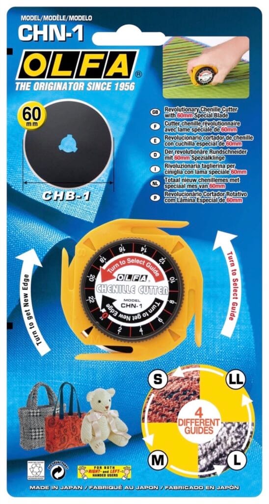 Retail packaging for an OLFA CHN-1 chenille cutter, featuring the cutter with a yellow handle and a black blade, product details, images of craft projects, and text highlighting features and uses.